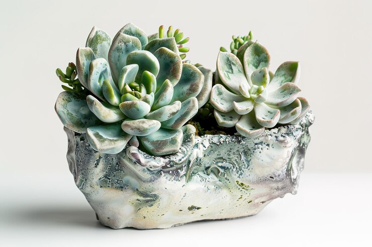 Vector muchos cactus hermosos diferentes en una mesa de madera azul claro