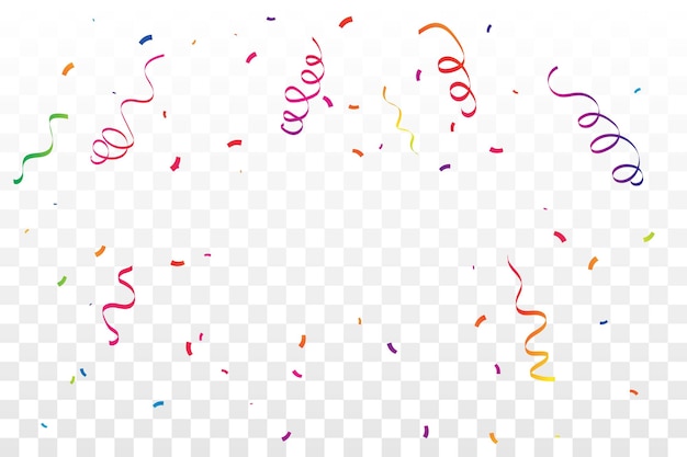 Muchos confeti de colores que caen y cintas de serpentinas aisladas en un fondo transparente. Vector