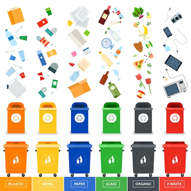 Muchos contenedores de basura con basura clasificada Clasificación de basura Ecología y reciclaje