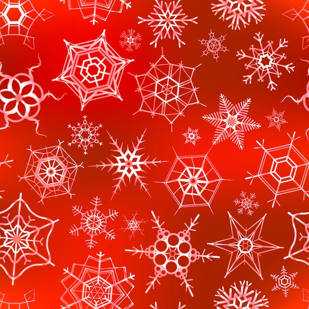 Muchos copos de nieve helados en rojo, patrones sin fisuras de navidad