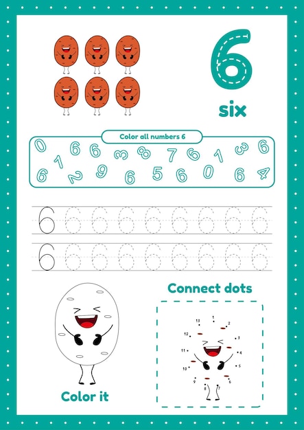 Muchos juegos en una página para niños en edad preescolar Página de color punto a punto aprendizaje número 6
