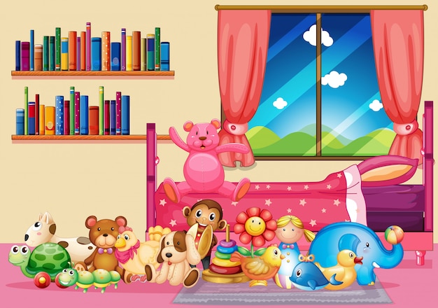 Muchos juguetes y libros en el dormitorio