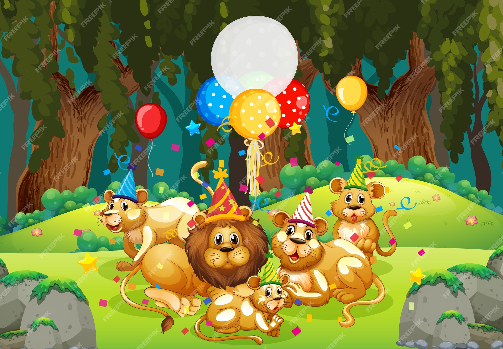 Muchos leones en el tema de la fiesta en el bosque de la naturaleza. |  Vector Premium