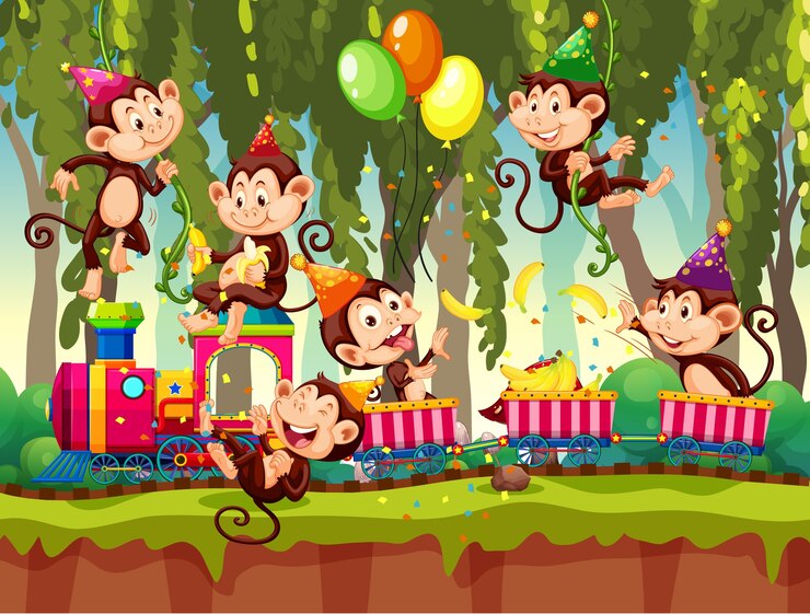 Vector muchos monos en el tema de la fiesta en el fondo del bosque de la naturaleza