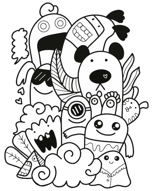 Muchos monstruos garabatos de varios colores Ven a bendecir en el cumpleaños feliz
