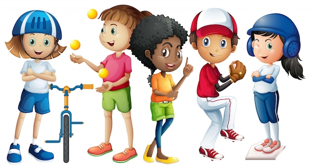 Vector muchos niños con diferentes atuendos deportivos