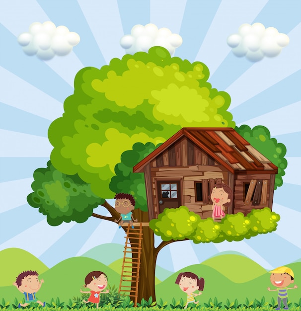 Vector muchos niños jugando en la casa del árbol