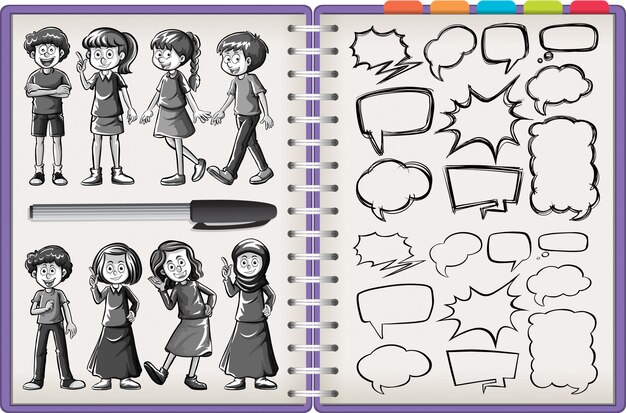 Muchos niños personaje y pensamiento doodle aislado en cuaderno púrpura sobre fondo blanco