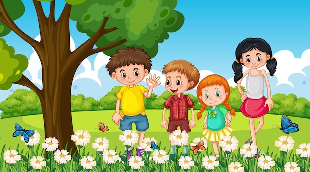 Muchos niños de pie en el jardín de flores.