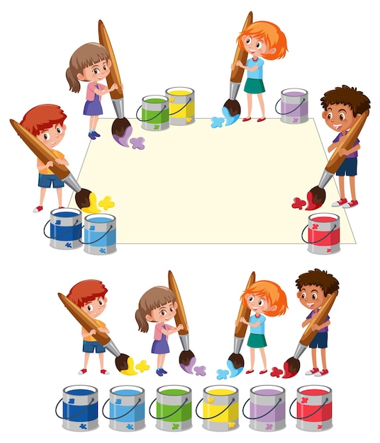 Muchos niños con pinceles de colores.