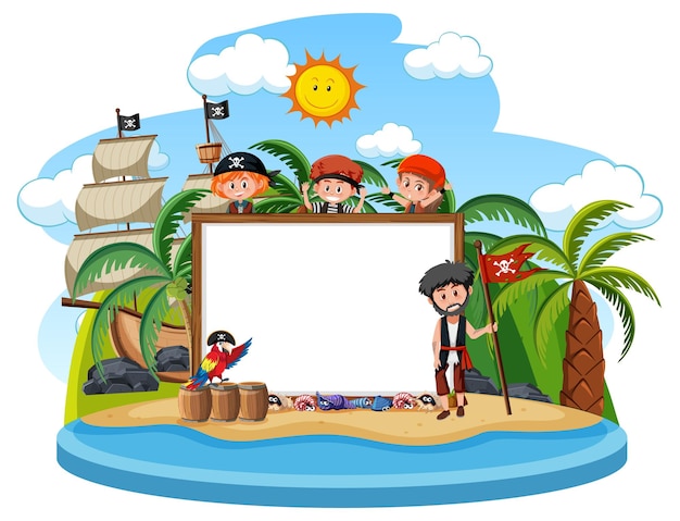 Vector muchos niños piratas en la isla pirata con plantilla de banner en blanco