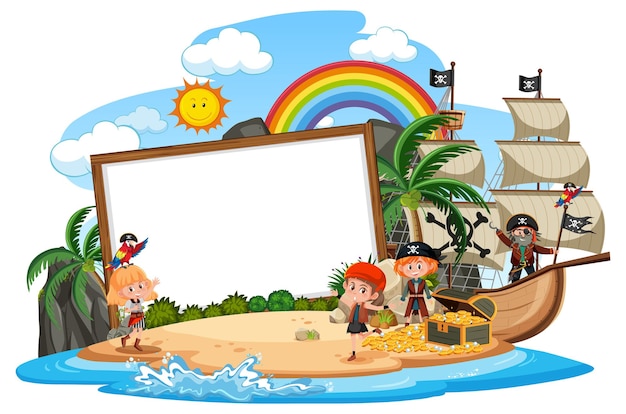 Muchos niños piratas en la isla con plantilla de banner en blanco aislado