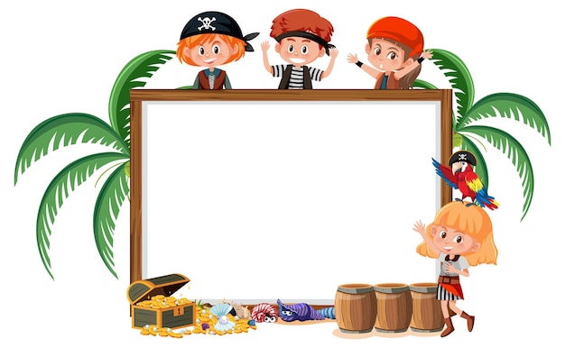 Vector muchos niños piratas con plantilla de banner en blanco