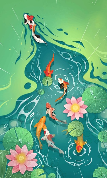 Muchos peces koi nadando en el estanque de loto