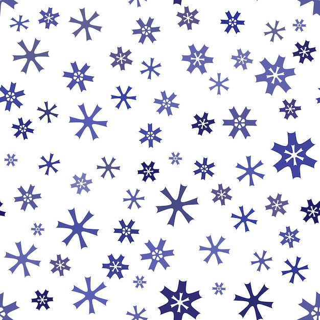 Muchos pequeños copos de nieve azules irregulares sobre un fondo blanco Patrón sin costuras con copos de neve azules