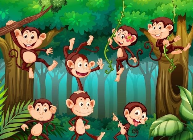 Vector muchos personajes de dibujos animados de monos jugando en la jungla