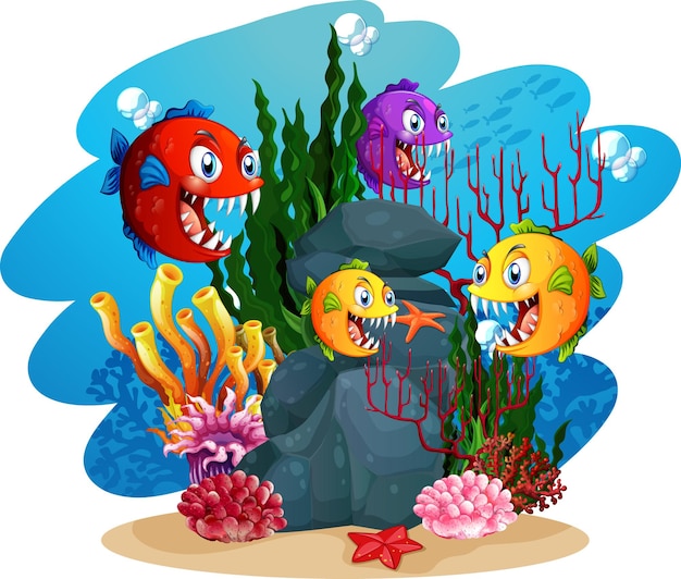 Muchos personajes de dibujos animados de peces exóticos en el fondo submarino