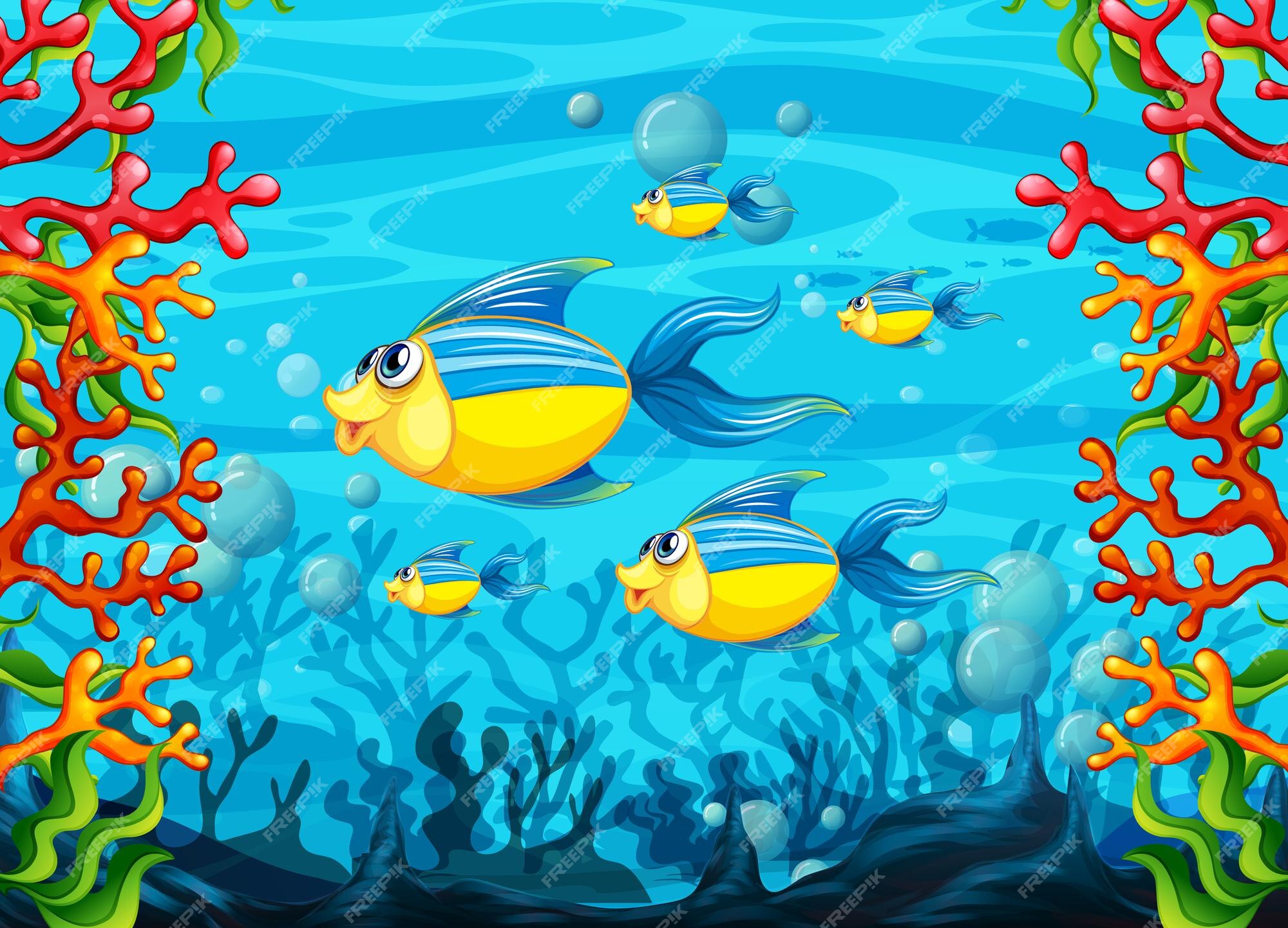 Muchos personajes de dibujos animados de peces exóticos en el fondo submarino | Vector Premium Muchos personajes de dibujos animados de peces exóticos en el fondo submarino | Vector Premium