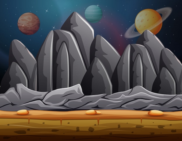 Vector muchos planetas en el paisaje espacial.