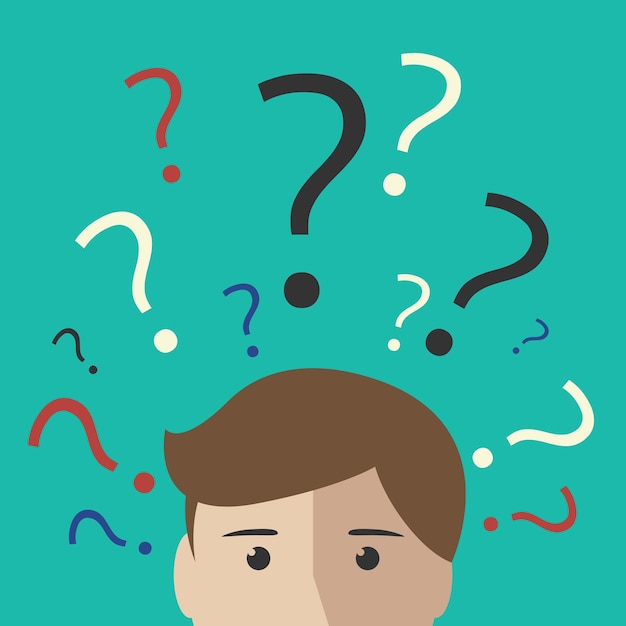 Muchos signos de interrogación multicolores sobre la cabeza de un joven o un niño. Toma de decisiones, pensamiento, incertidumbre, concepto de aprendizaje. Ilustración de vector EPS 10, sin transparencia