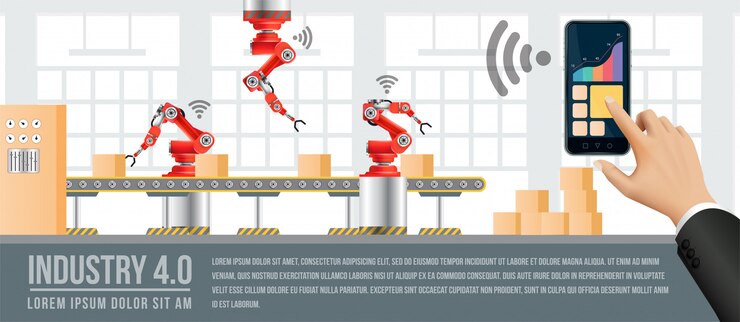 Vector mudarse a fábrica e industria en el futuro. personas que se conectan con una fábrica usando un teléfono inteligente e intercambian datos con una red neuronal, inteligencia artificial.