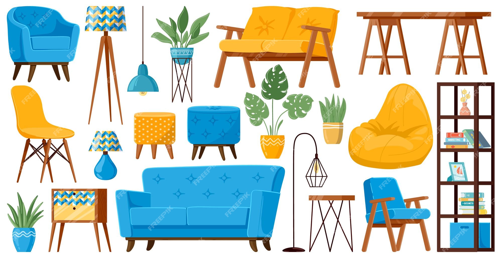 Mueble del salón. conjunto de ilustración de muebles para el hogar acogedor  de dibujos animados, sofá, sillón, mesa, lámpara y sofá | Vector Premium