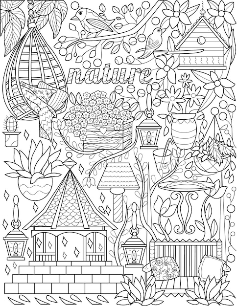 Muebles al aire libre gazebo silla colgante doodle dibujo lineal incoloro naturaleza gazebo pájaros