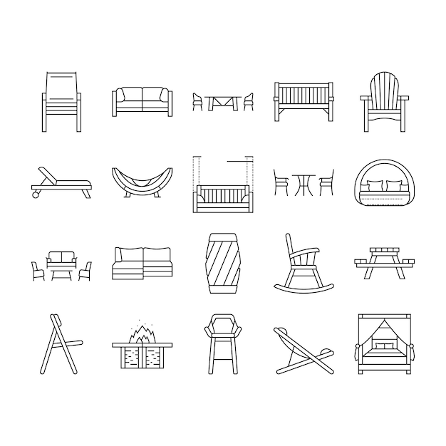 muebles al aire libre patio jardín iconos conjunto vector