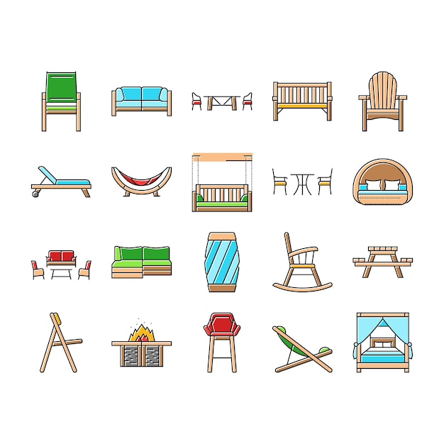 muebles al aire libre patio jardín iconos conjunto vector