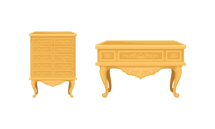 Vector muebles antiguos y diseño de interiores con cofre de cajones y conjunto vectorial de mesa