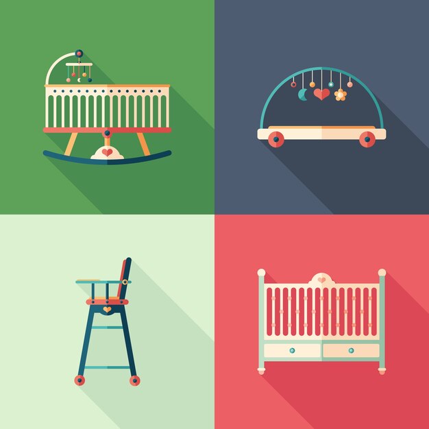 Muebles de bebé iconos cuadrados planas con largas sombras.