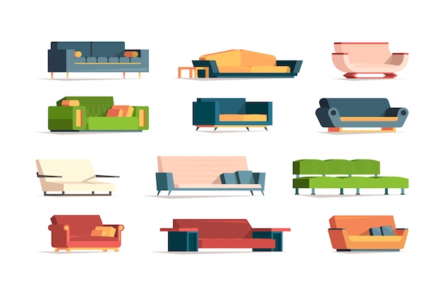 Muebles blandos. Sofá de tela diván conjunto simple vista frontal muebles interiores sillones imágenes