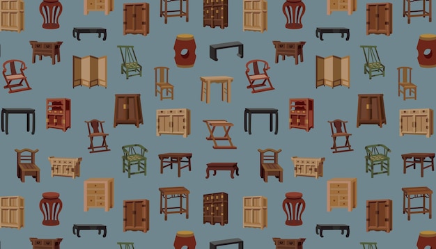 Vector muebles chinos cutestyle sobre un fondo azul grisáceo