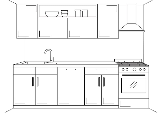 Muebles de cocina Boceto en estilo de línea Ilustración vectorial Plan de cocina