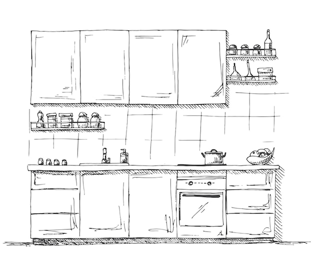 Vector muebles de cocina dibujados a mano ilustración vectorial en estilo boceto