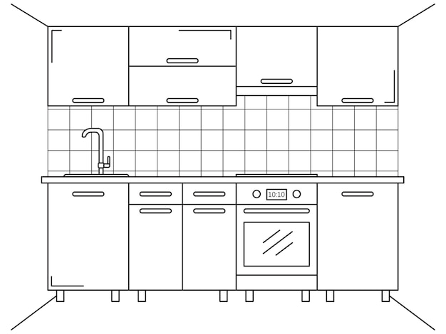 Muebles de cocina. Dibuje en estilo de línea.