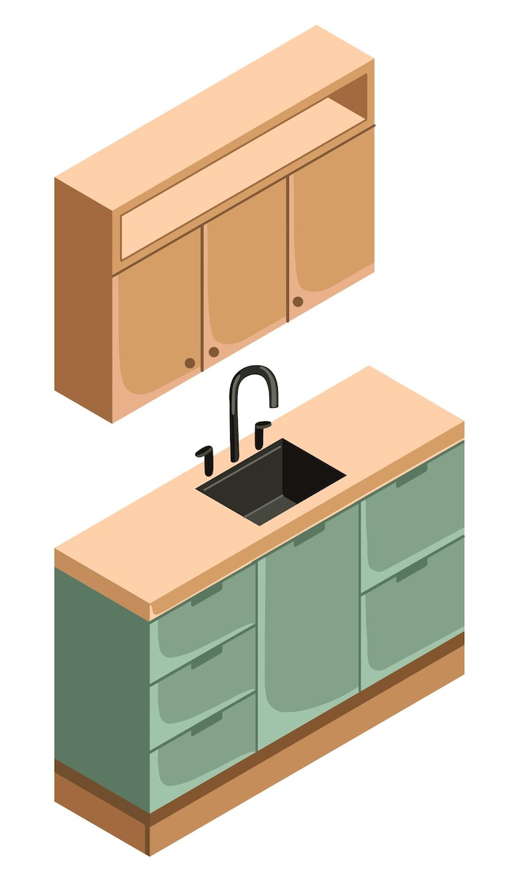 Vector muebles de cocina isométricos con lavabo vector