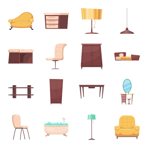 Vector muebles de conjunto de iconos de dibujos animados interiores