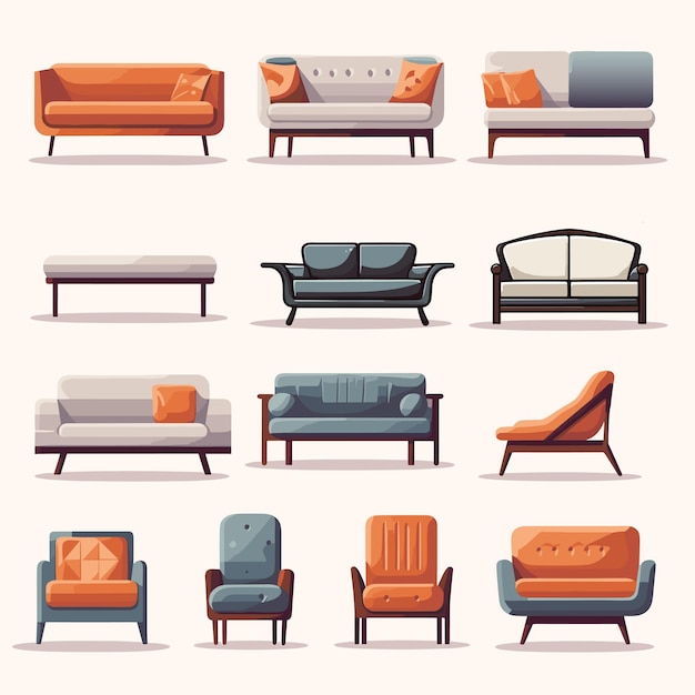 Vector muebles para el conjunto de iconos del hogar sillón sofá silla etc ilustración vectorial