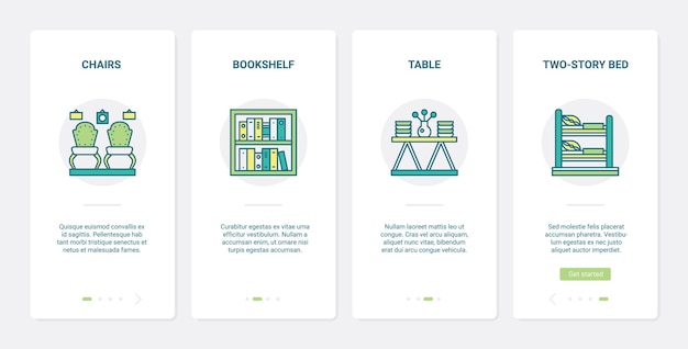 Muebles de decoración del hogar, colección de muebles UX, conjunto de pantallas de la página de la aplicación móvil de incorporación de UI