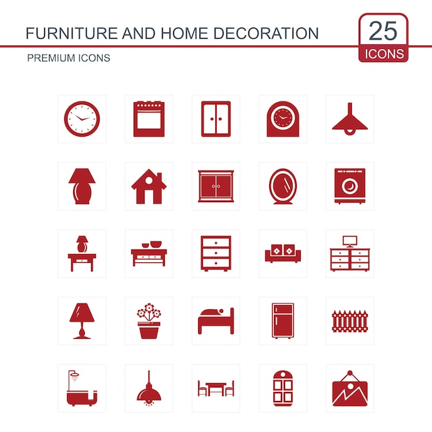 Muebles y decoración del hogar conjunto de iconos rojos