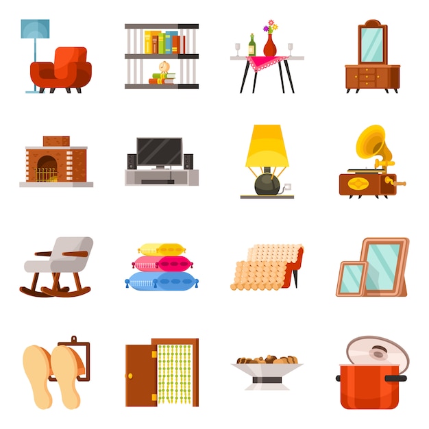 Muebles de diseño vectorial e icono interior. Colección de muebles y accesorios símbolo de stock.