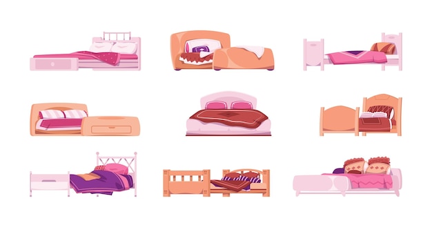 Muebles de dormitorio Cama de madera vintage de dibujos animados con cabecero y almohadas de plumas para dormir Cojín y colchón Cómoda manta o cuadros textiles Vector acogedor hogar interior elementos aislados conjunto