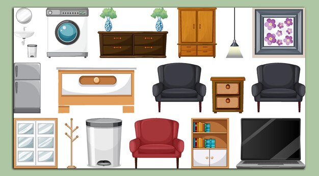 Vector muebles y electrodomésticos sobre fondo blanco