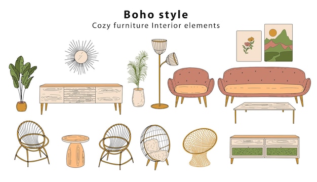 Muebles escandinavos Elementos interiores Estilo boho. Acogedor ambiente hogareño para la sala de estar. Mano
