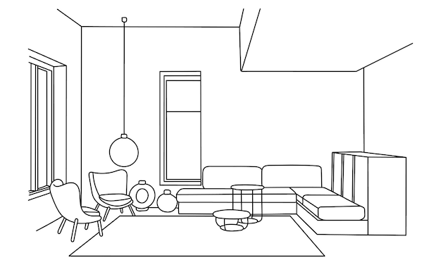 Muebles interiores sala de estar con sofá mesa lámpara fotos ventana vector