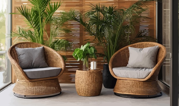 Vector muebles de jardín de ratán en la terraza del balcón o en el techo con ollas de plantas de la casa interior de casa de estilo ecológico moderno y acogedor con mesas y sillas de vegetación