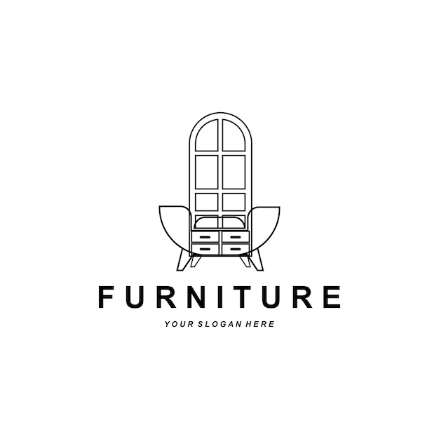 Muebles logo muebles para el hogar diseño habitación icono ilustración mesa silla lámpara marco reloj maceta