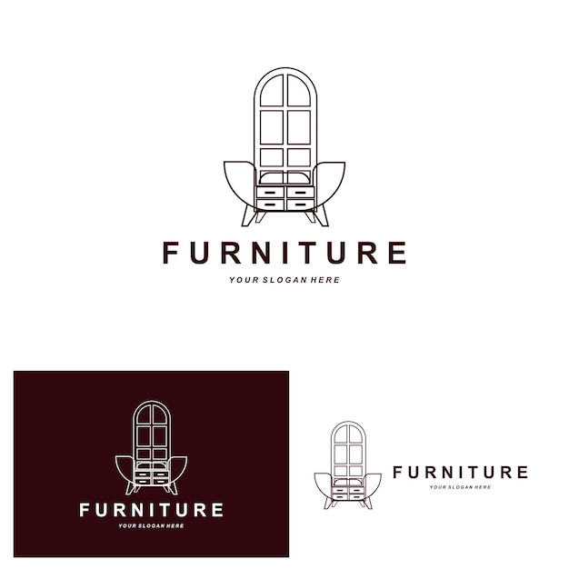 Muebles logo muebles para el hogar diseño habitación icono ilustración mesa silla lámpara marco reloj maceta