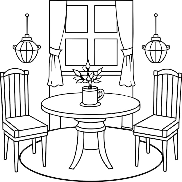 Muebles de mesa, sillas y interiores de habitaciones para colorear